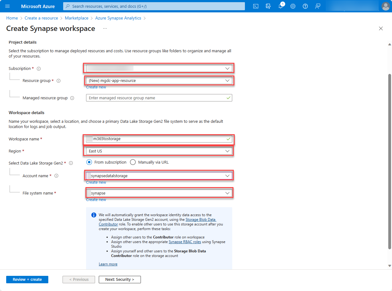 [Azure Synapse Analytics] ページのスクリーンショット。値の入力と確認と作成が強調表示されたフィールドが表示されています。
