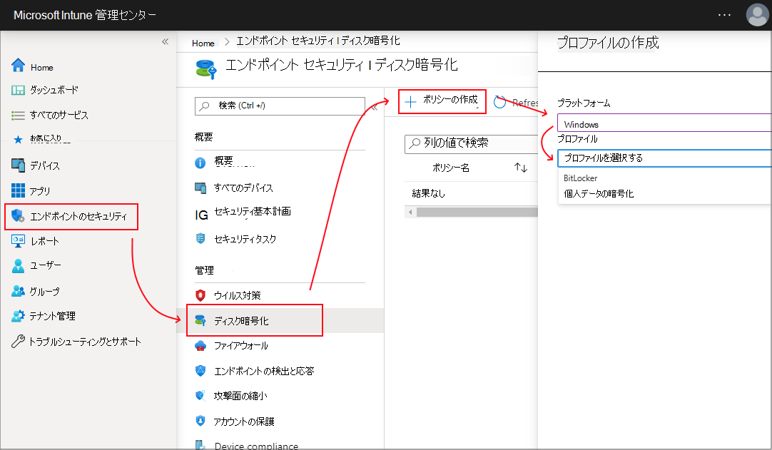 Windows 暗号化プロファイルの選択画面の画面キャプチャ。