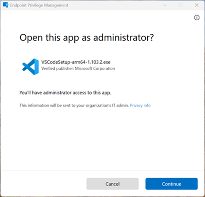 ユーザーがユーザーが昇格を確認したときに受信するプロンプトを示すスクリーンショット。