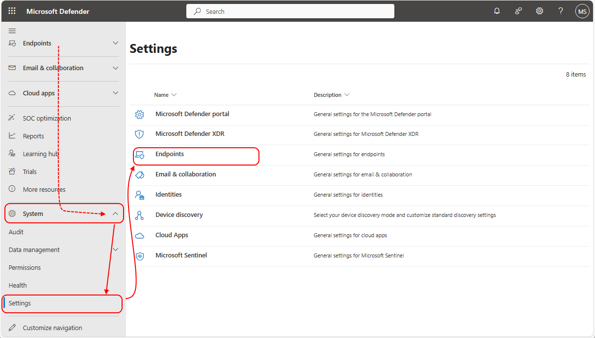 [設定] と [エンドポイント] へのパスを示す Defender コンソールのスクリーン ショット。