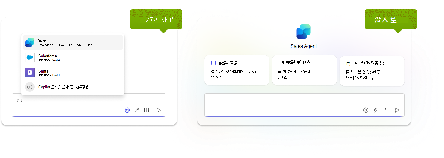 この図は、コンテキストとイマーシブの 2 つの異なる copilot ユーザー エクスペリエンスを示しています
