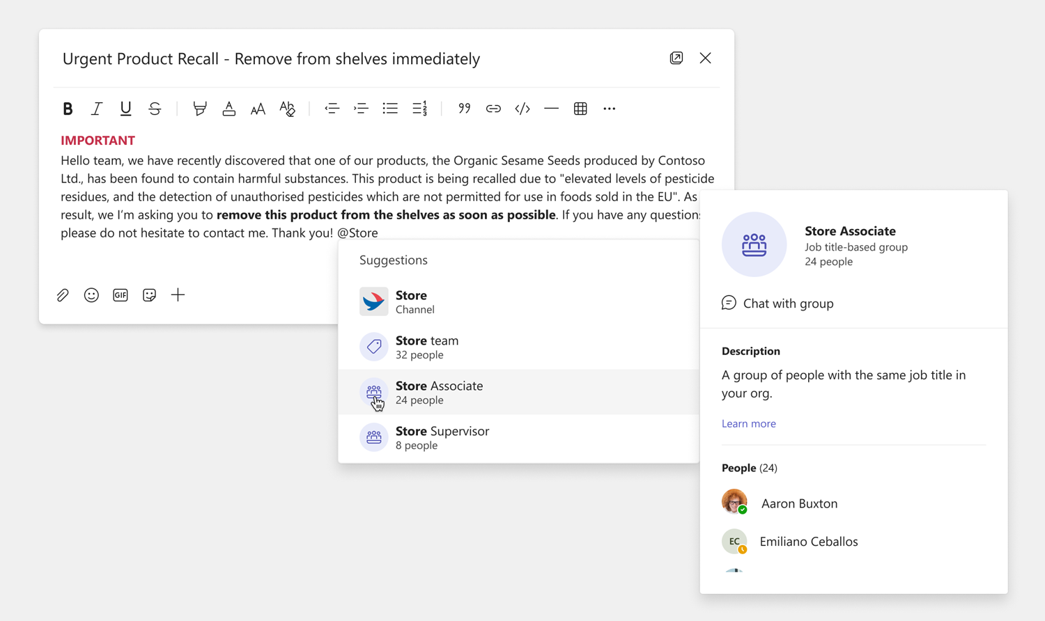 Teams チャネル会話で使用される自動タグのスクリーンショット。