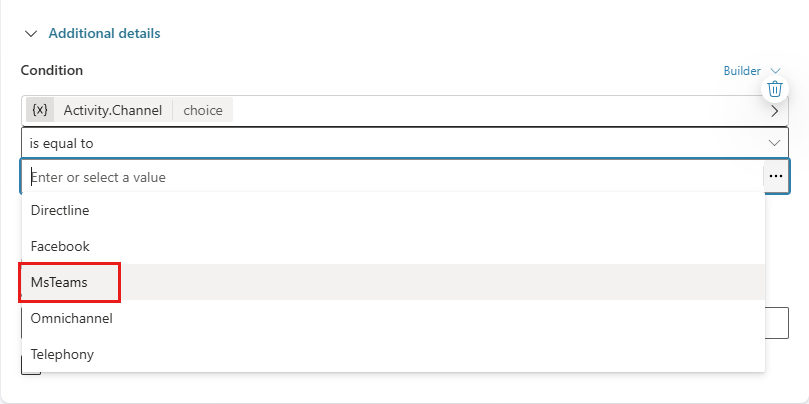 子エージェントのスコープを Microsoft Teams チャネルに制限する条件のスクリーンショット。