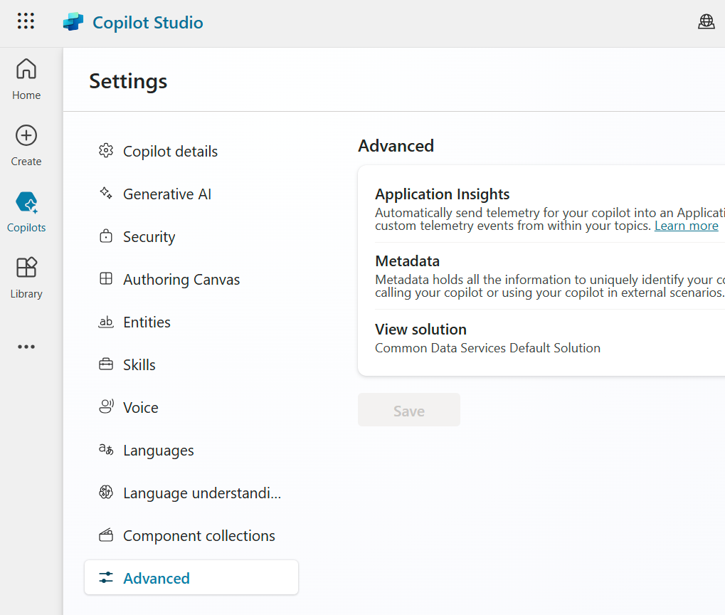 Copilot Studio のエージェントの詳細設定にある [ソリューションの表示] ボタンのスクリーンショット。