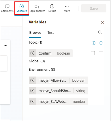 [変数] ボタンが強調表示された Copilot Studio の変数パネルのスクリーンショット。