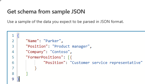 サンプル JSON からのスキーマの取得を示すスクリーンショット。