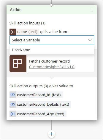 スキル アクションの入力と出力パラメータを含むアクション ノードのスクリーンショット。