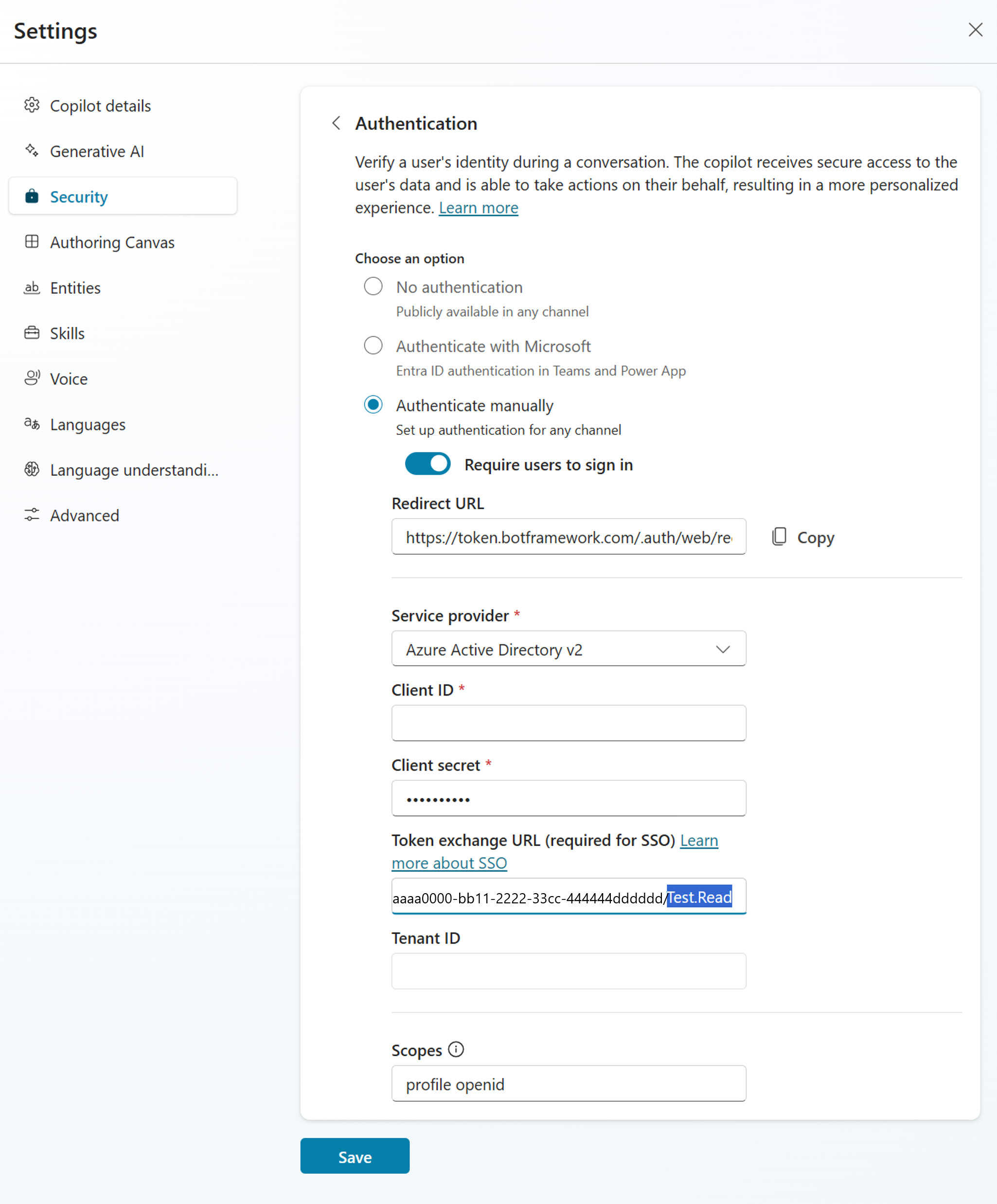 Copilot Studio のトークン交換 URL を貼り付ける場所のスクリーンショット。