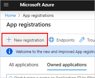 [新しい登録] ボタンが強調表示されているアプリ登録ページのスクリーンショット。
