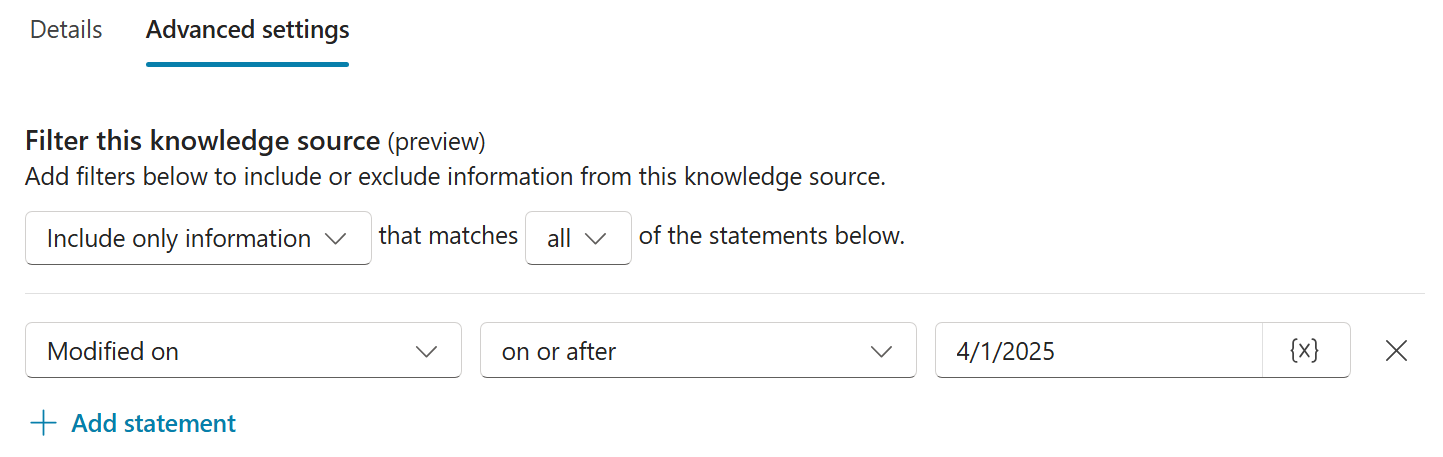 SharePoint ナレッジ ソースの詳細設定のスクリーンショット。構成された設定の例が表示されています。