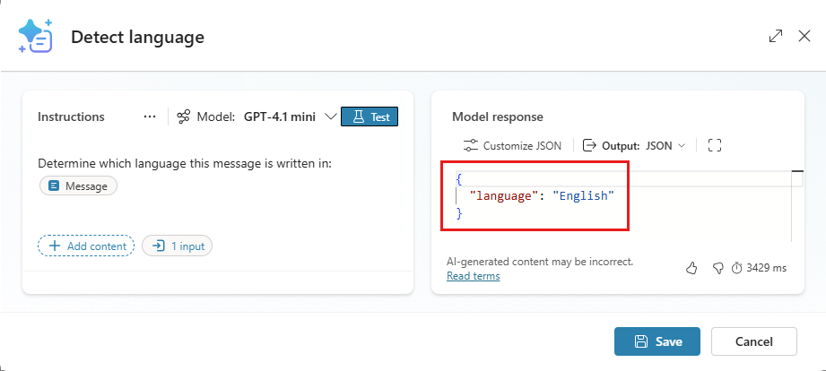 メッセージの言語を検出するように構成されたプロンプトのスクリーンショット。