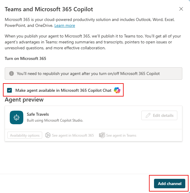 Teams と Microsoft 365 Copilot チャネルの構成パネルのスクリーンショット。初期状態では、Microsoft 365 Copilot でもエージェントを使用できるようにするオプション (既定で選択されています) が示されています。