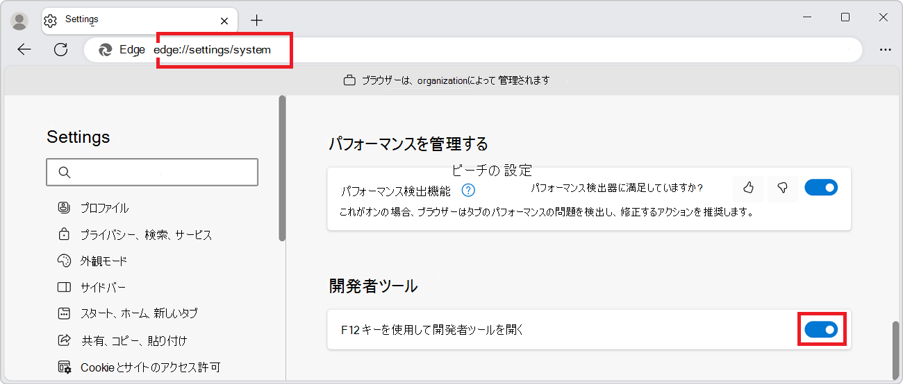 [Edge Settings]\(エッジ設定\) ページと [開発者ツール] セクションと、F12 キーを無効にする切り替え