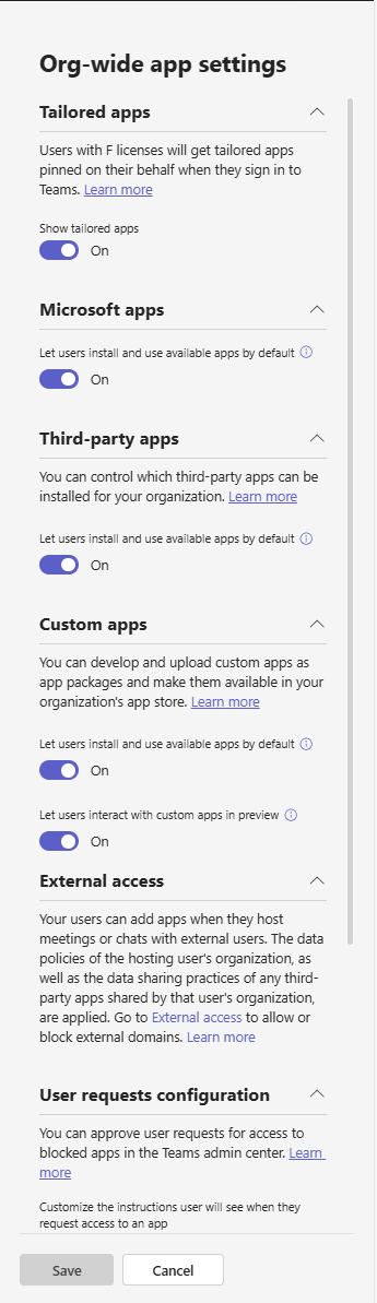 [アプリの管理] ページの [サードパーティ製アプリを含む組織全体のアプリ設定] トグルのスクリーンショット