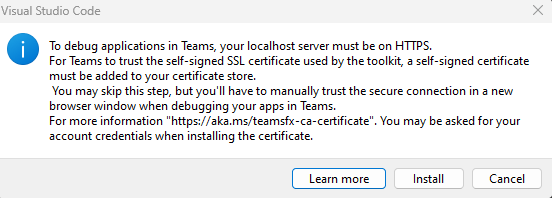 Teams がアプリケーションを localhost からロードできるようにするための SSL 証明書のインストールを求めるメッセージを示す、Mac 上のスクリーンショット。