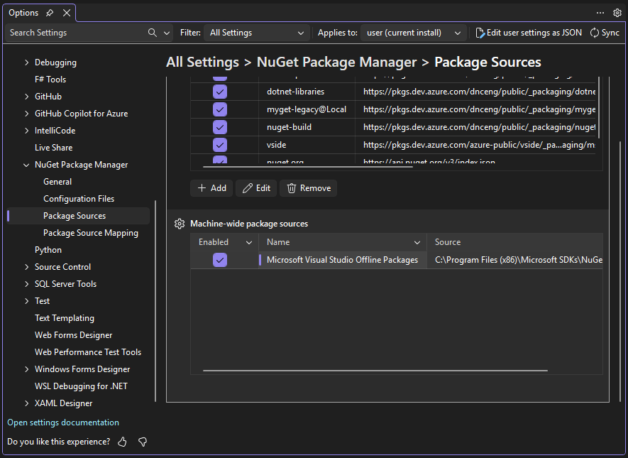 [パッケージ ソース] ページのマシン全体のソース テーブル