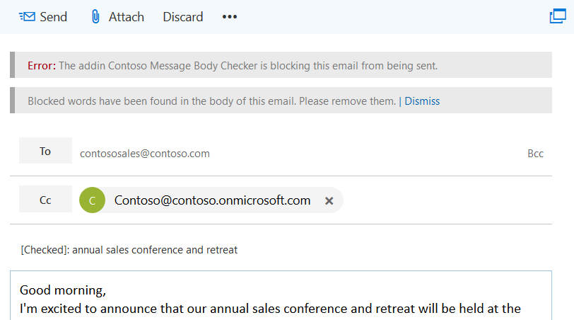 ブロックされた単語が見つかったことをユーザーに通知するエラー メッセージ。