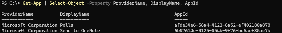 Microsoft Polls と Microsoft Send to OneNote の結果を含む PowerShell で Get-App コマンドを実行しているスクリーンショット。