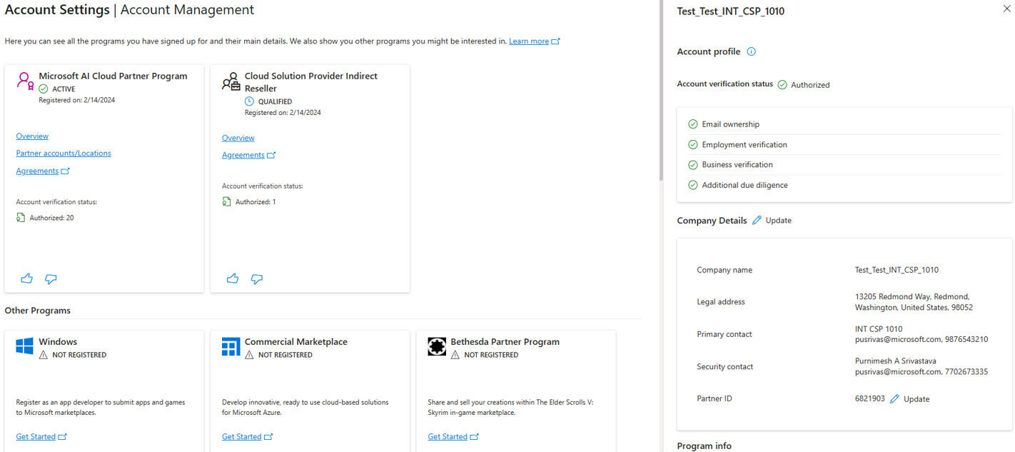 アカウント設定ワークスペース内の新しいアカウント管理エクスペリエンスを示すスクリーンショット。