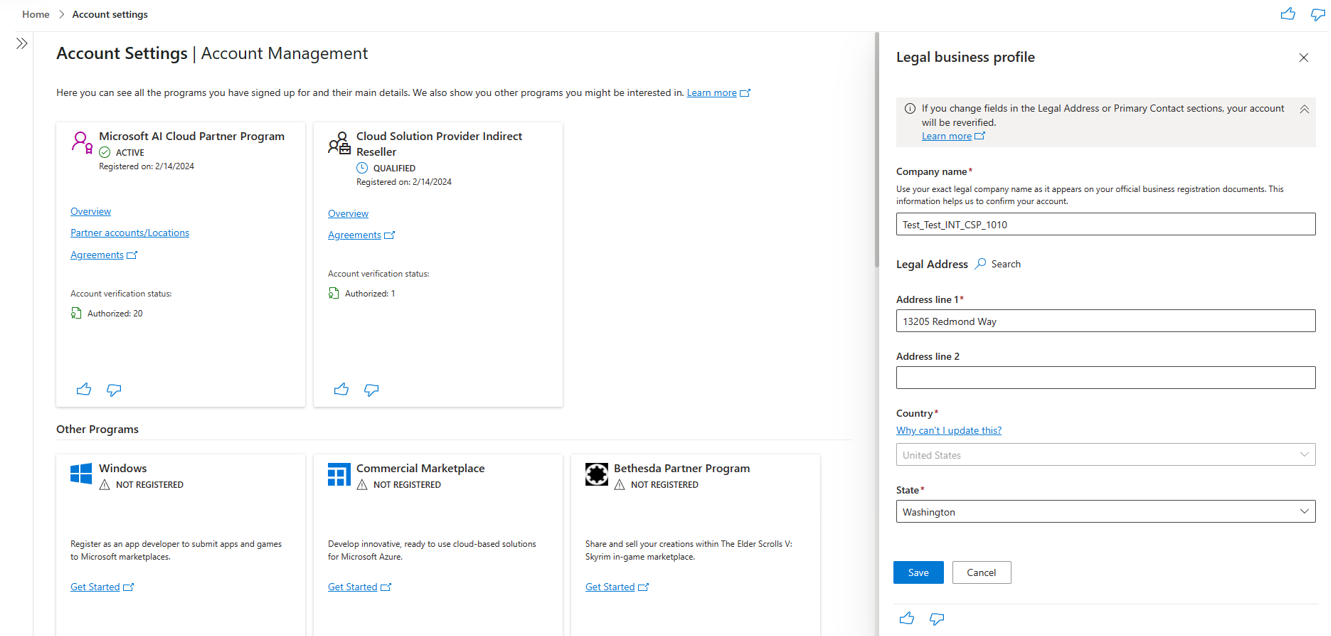 アカウント設定ワークスペース内の新しいアカウント管理エクスペリエンスの法的ビジネス プロファイル パネルを示すスクリーンショット。