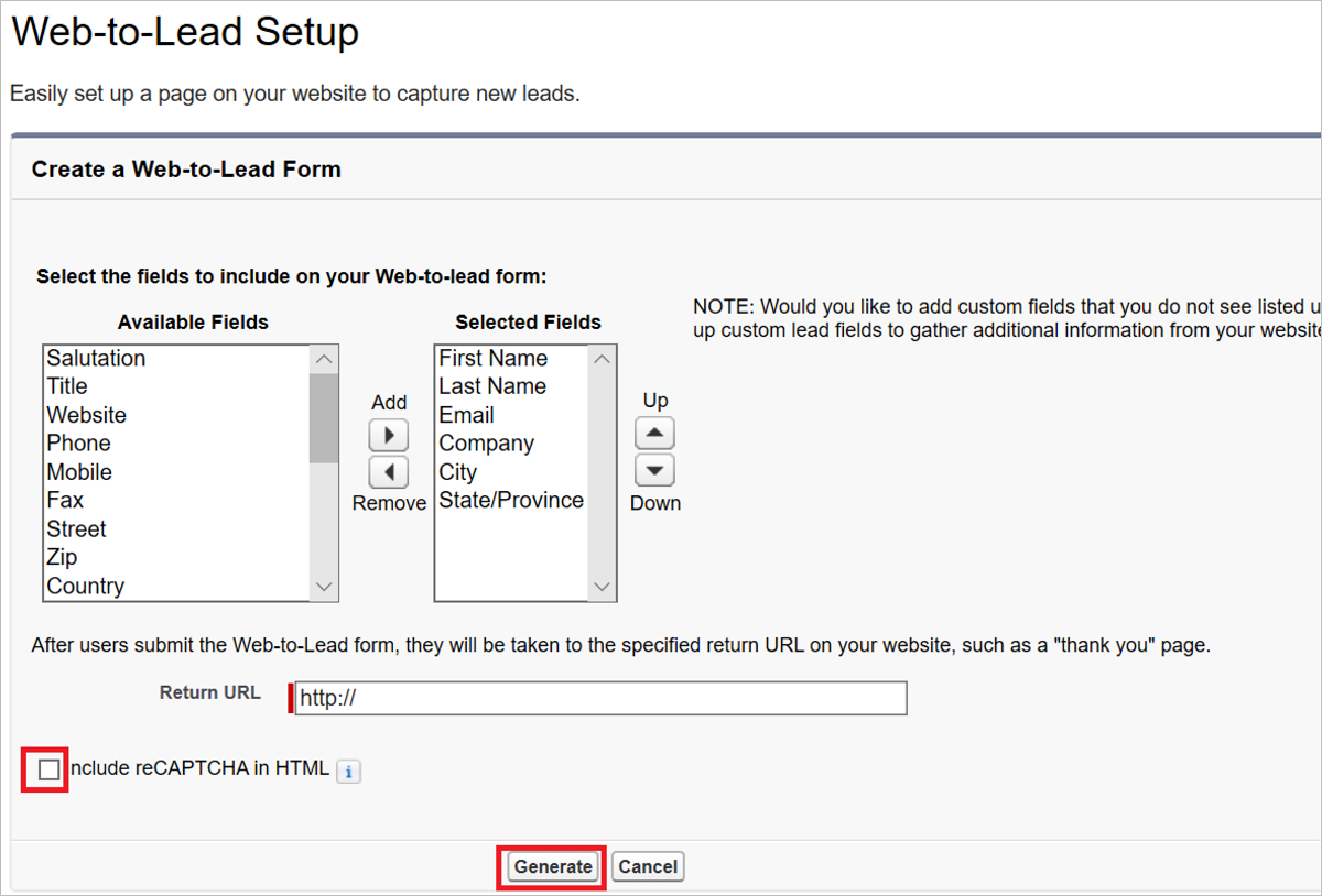 Salesforce の [Web-to-リードフォームの作成] ペイン
