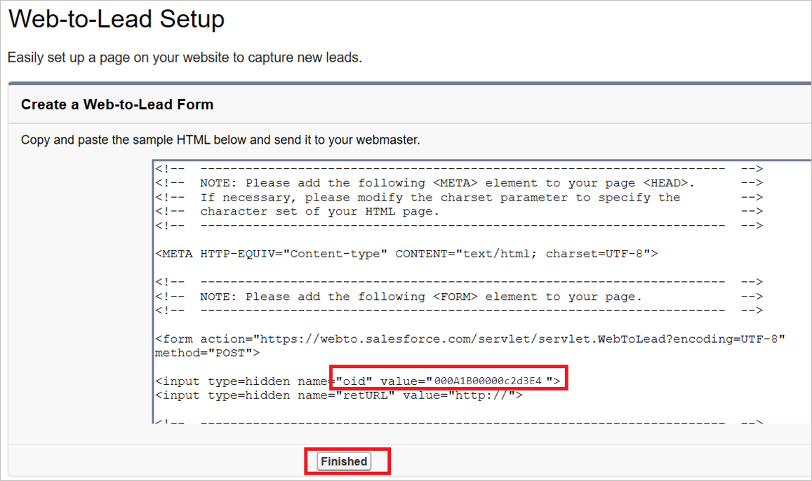 HTML old value を示している Salesforce の [Web-to-リードフォームの作成]。