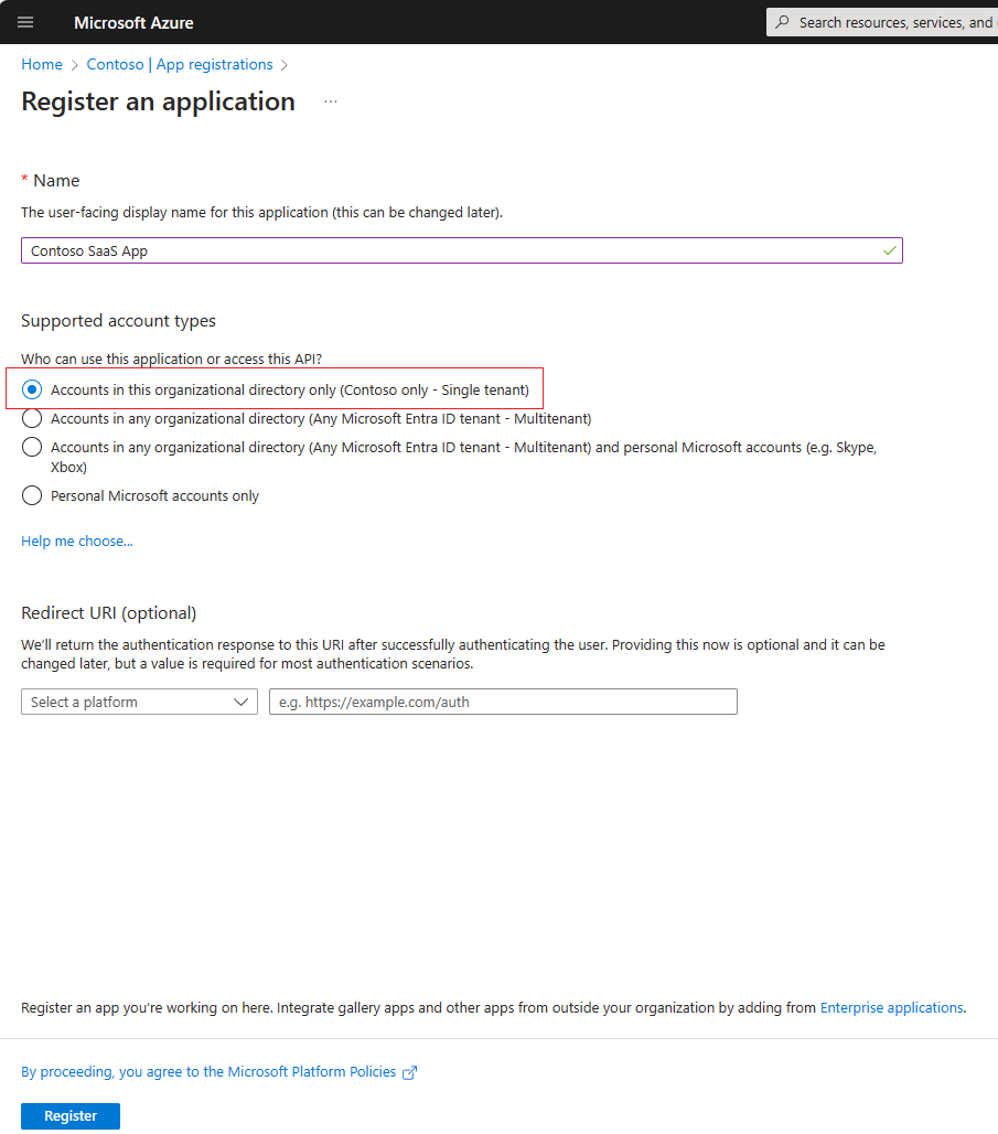 SaaS Entra アプリ登録画面のスクリーンショット。