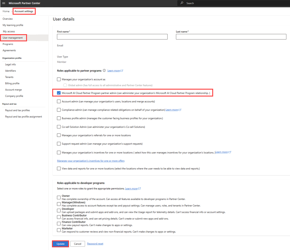Microsoft AI Cloud パートナー プログラムパートナー管理者ロールを割り当てるための選択のスクリーンショット。
