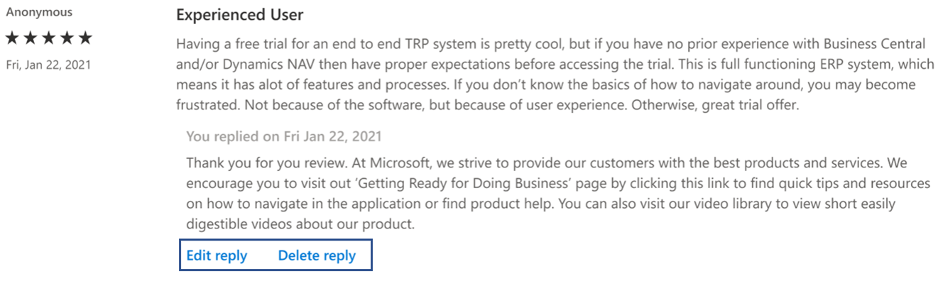 Microsoft Marketplace のオファーの [レビューの編集] ボタンと [削除] ボタンを示すスクリーンショット。