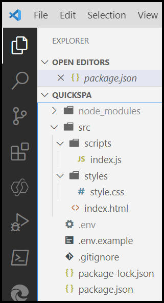 Shows the quickspa project after files are added.