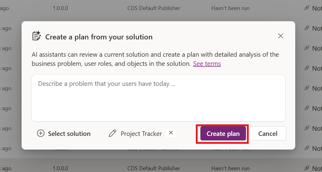 ソリューションの選択とプラン作成のインターフェイスのスクリーンショット。