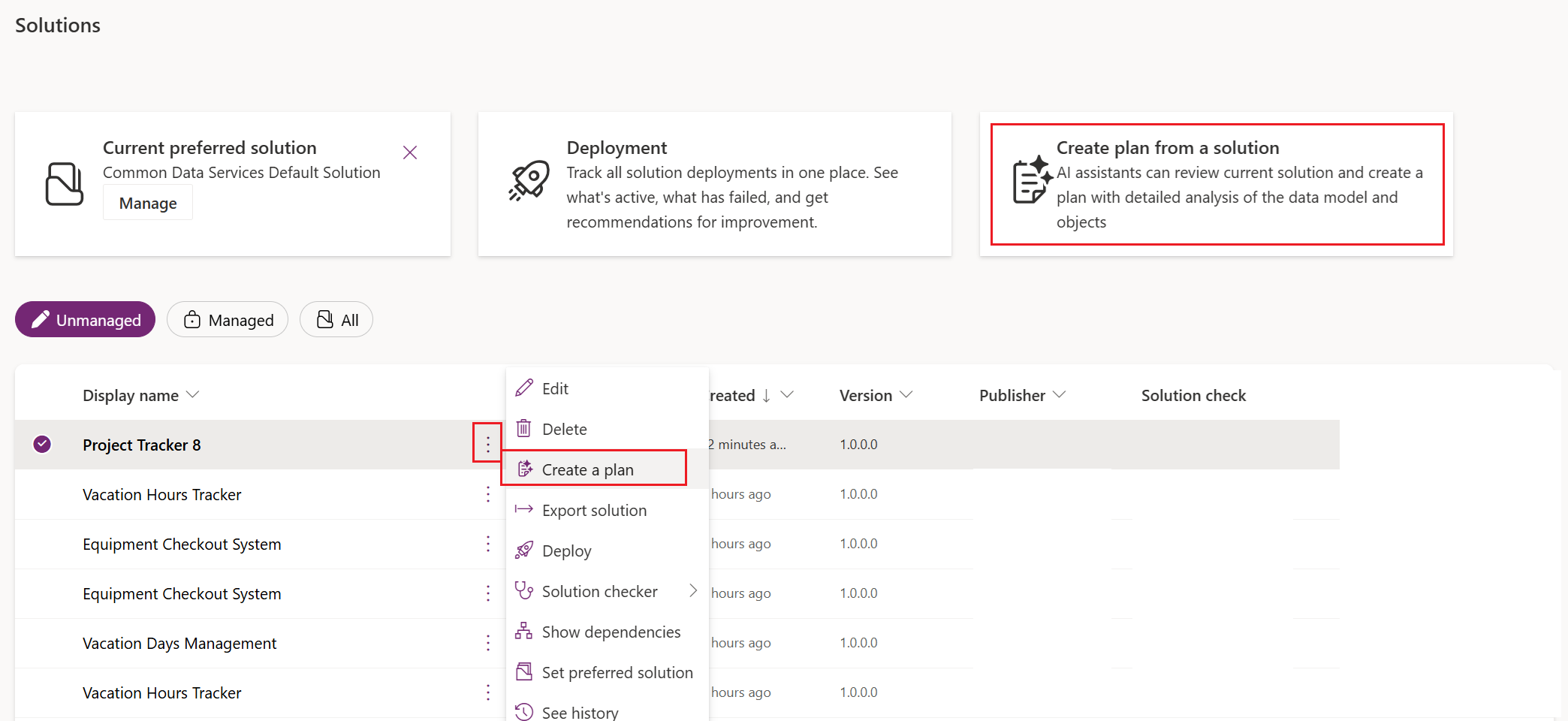 ソリューションからプランを作成する画面のスクリーンショット。