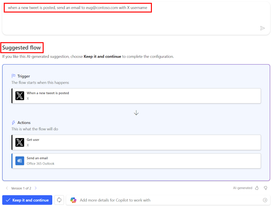 Copilot で自然言語を使用するプロンプトのスクリーンショット。