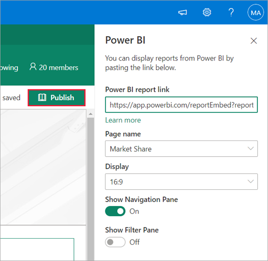 [発行] オプションが選択されていることを示す Power Power BI レポート リンクのスクリーンショット。