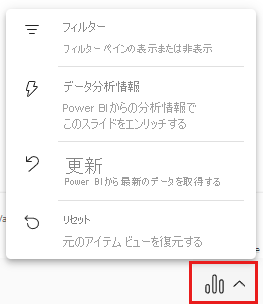 PowerPoint データ オプション メニューの Power BI アドインのスクリーンショット。
