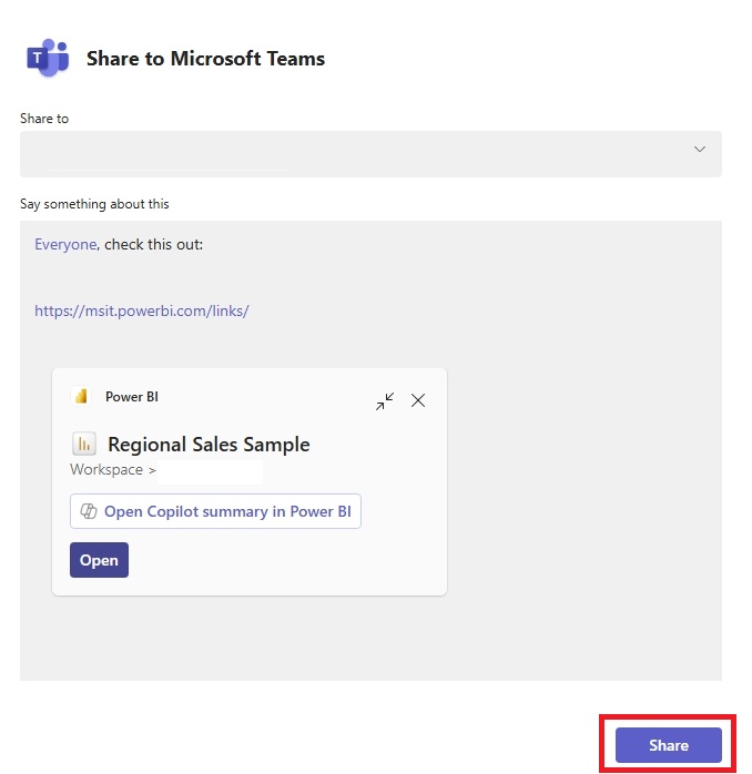 [共有] ボタンと [Teams] リンクを示すスクリーンショット。