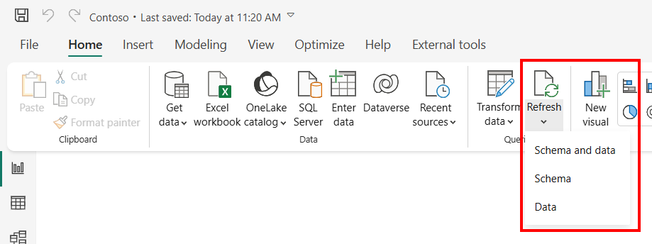 Power BI Desktop の更新オプションのスクリーンショット。