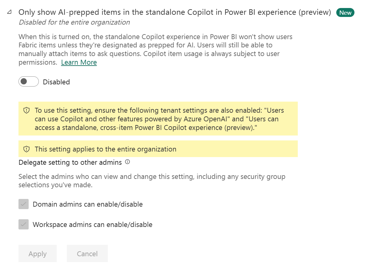 スタンドアロンの Power BI Copilot を AI 用に準備された項目に制限するテナント設定のスクリーンショット。