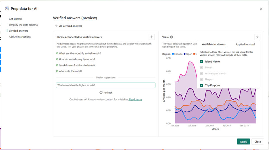 Power BI で検証済みの回答に適用された選択されたフィルターを示すスクリーンショット。