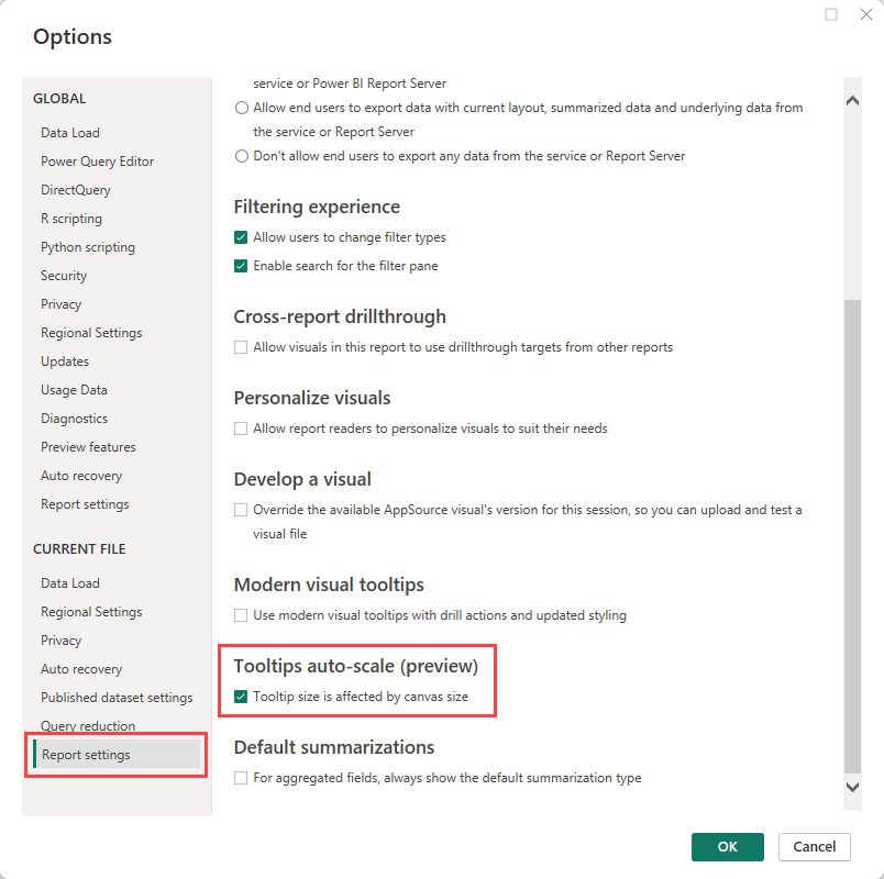 Power BI Desktop の [ヒントのサイズはキャンバス サイズの影響を受けます] チェックボックスを示すスクリーンショット。