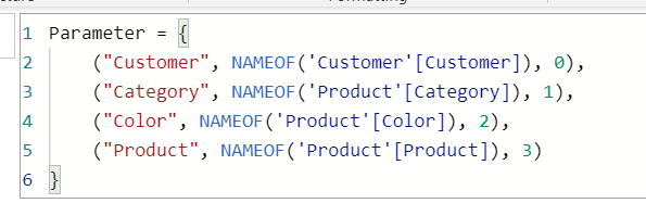 Power BI に入力された DAX パラメーターの例のスクリーンショット。