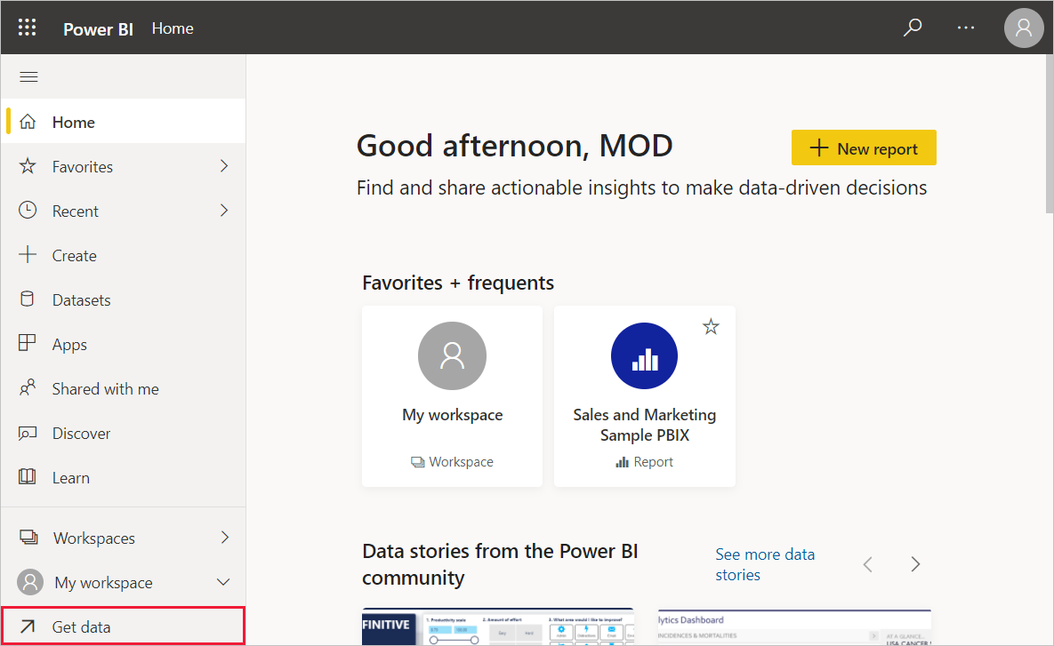 [データを取得] オプションを示す Power BI Desktop のスクリーンショット。