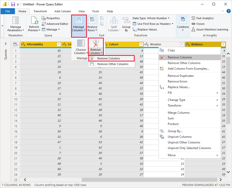 [適用したステップ] に追加された [列の削除] を示す、Power BI Desktop のスクリーンショット。
