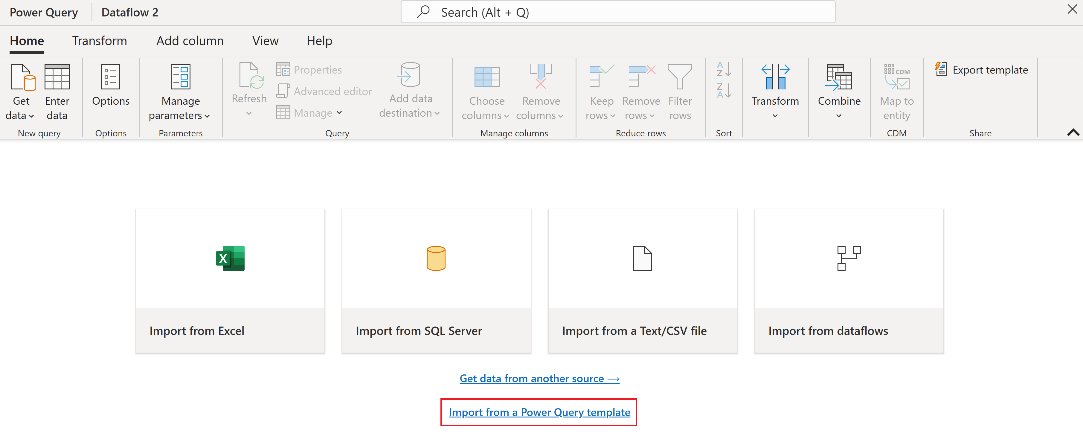 Power Query テンプレートのインポートのスクリーンショット。