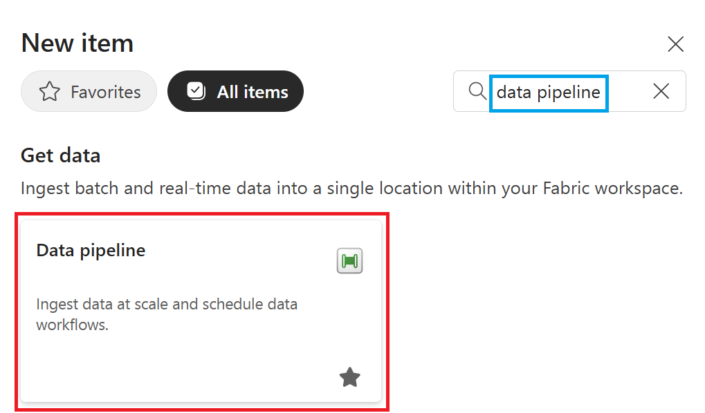[データ パイプライン] を新しい項目として選択しているスクリーンショット。