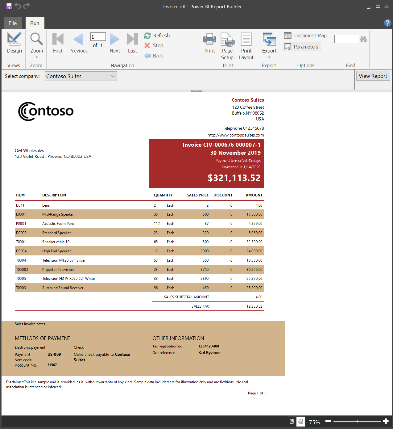 Power BI レポート ビルダーのヘッダー、詳細行、合計を示す請求書スタイルのページ分割されたレポートのサンプルのスクリーンショット。