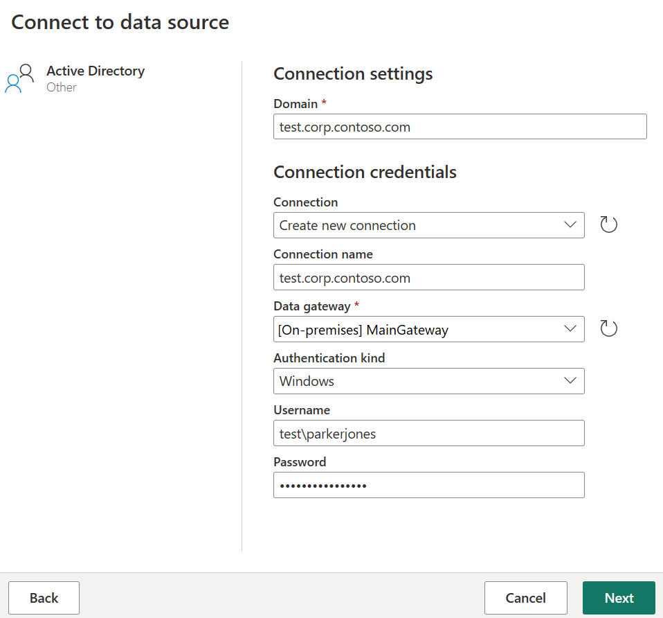 Screenshot of the Connect to data source page, showing a ___domain added, using a new connection, a data gateway selected and a username and password provided.