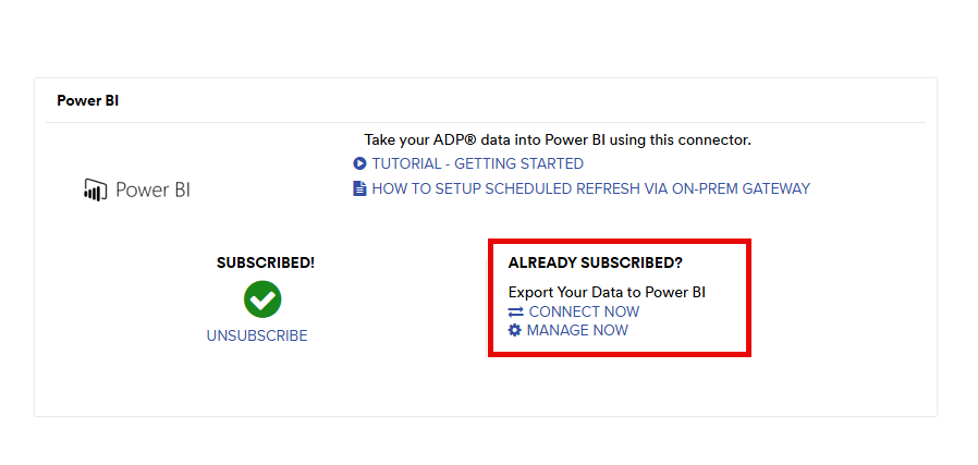 ADP Analytics への今すぐ接続が強調されている Power BI タイトルのスクリーンショット。