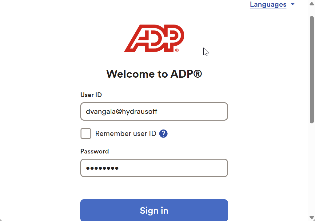 ADP Analytics でパスワードを入力する ADP ウィンドウのスクリーンショット。
