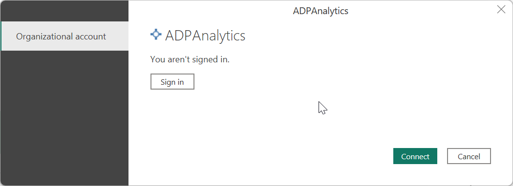 ADP Analytics にサインインする認証ダイアログのスクリーンショット。